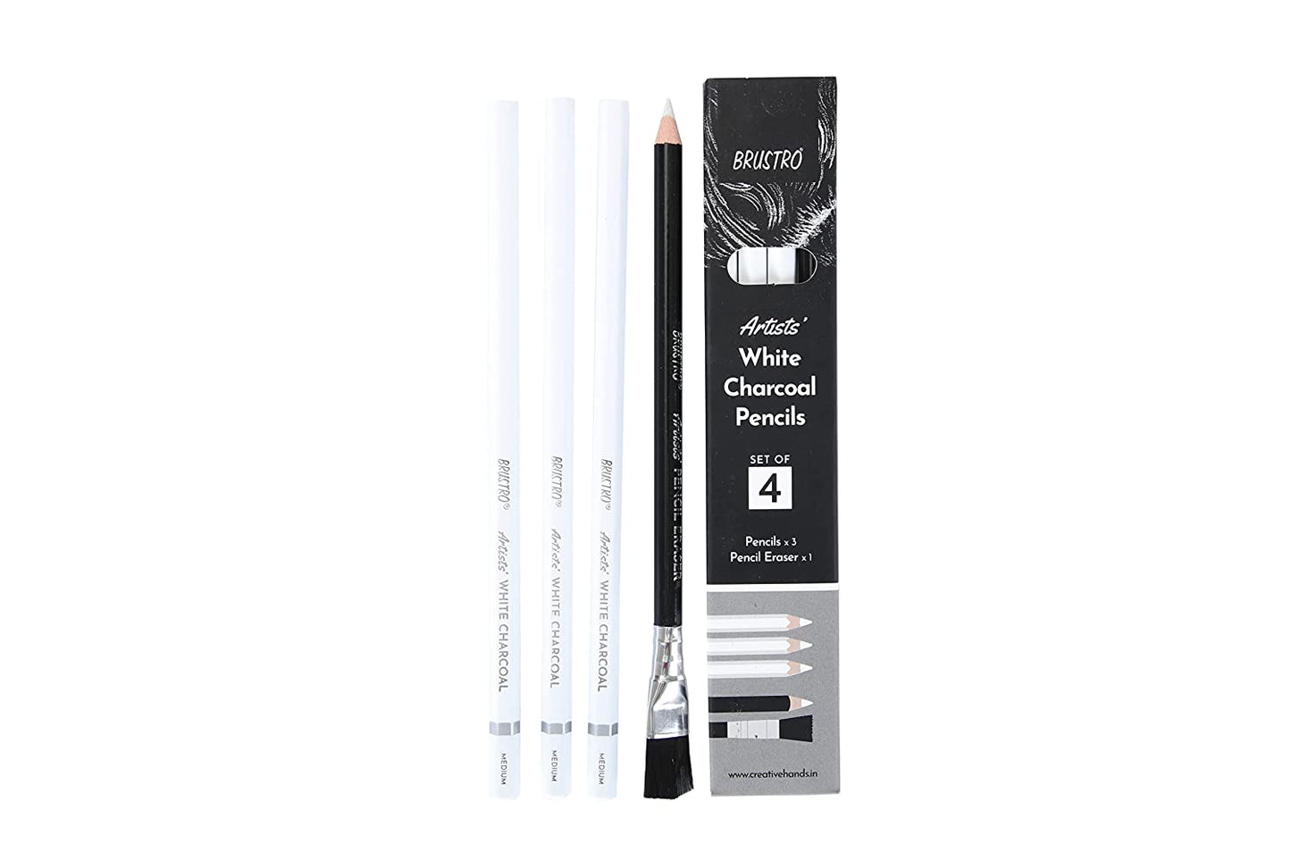 Brustro Artists' White Charcoal Pencil Set of 3 + 1 Pencil Eraser