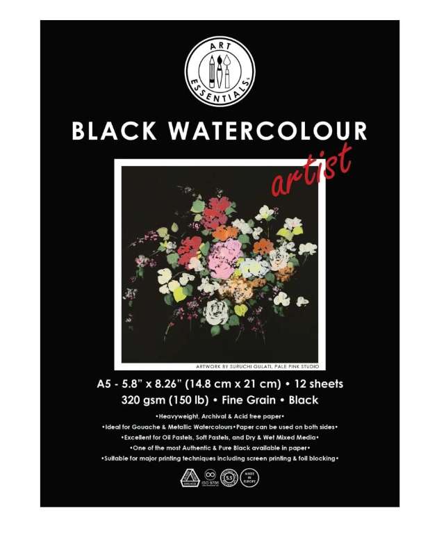 ART ESSENTIALS BLACK ARTIST WATERCOLOUR PAPER - FINE GRAIN 320 GSM - A5 - PAD OF 12 SHEETS