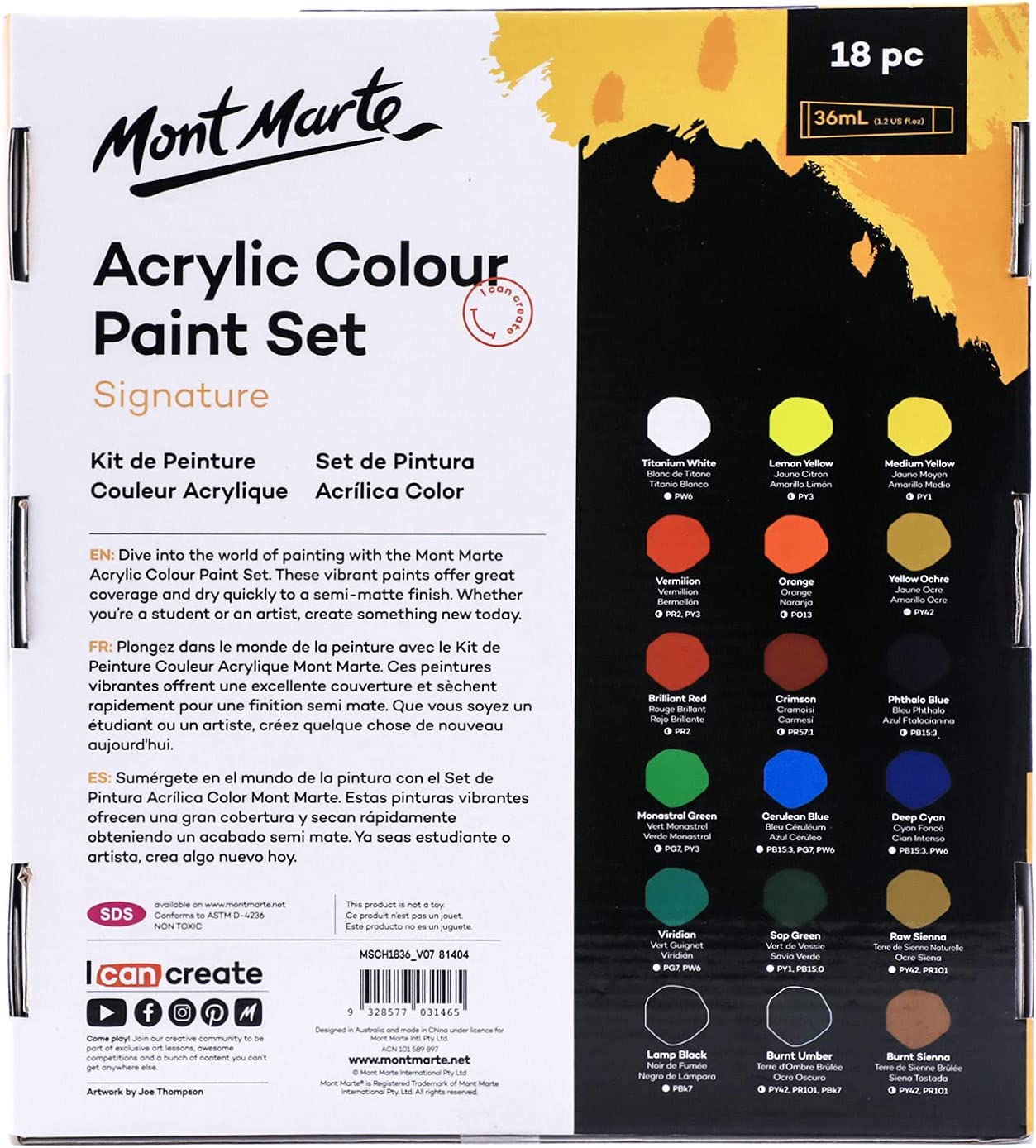 Mont Marte Studio Acrylic Paint Set, 18 Piece, 36ml Tubes.